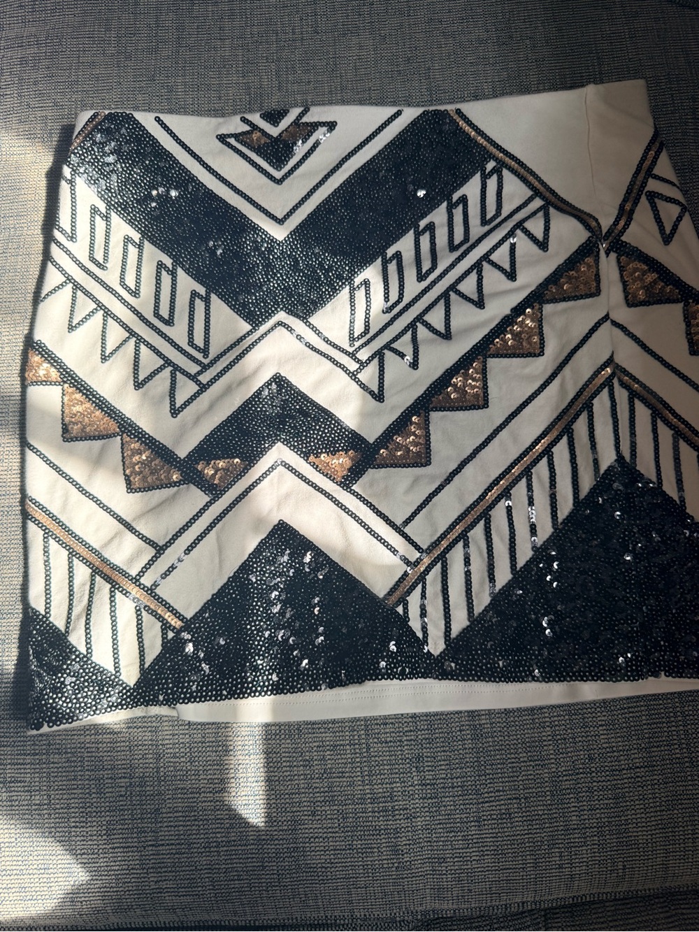 Express White Mini Skirt with Black and Gold Sequin Geometric Design